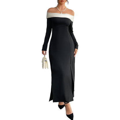 Damen Off-Shoulder Maxi-Kleid mit seitlichem Schlitz und langen Ärmeln