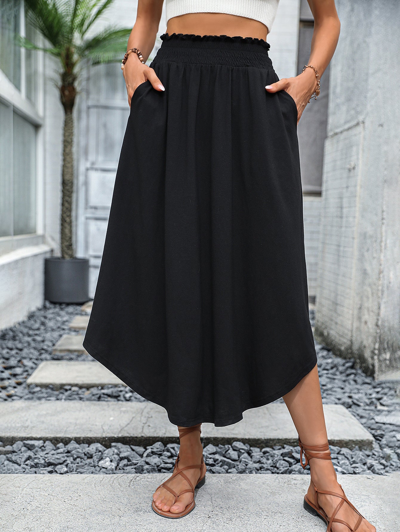 Damen Midirock Elastischer Bund Praktische Seitentaschen Schwarz - Norvielle