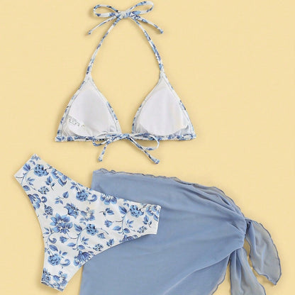 Damen Triangel-Bikini-Set Blumenmuster mit Pareo