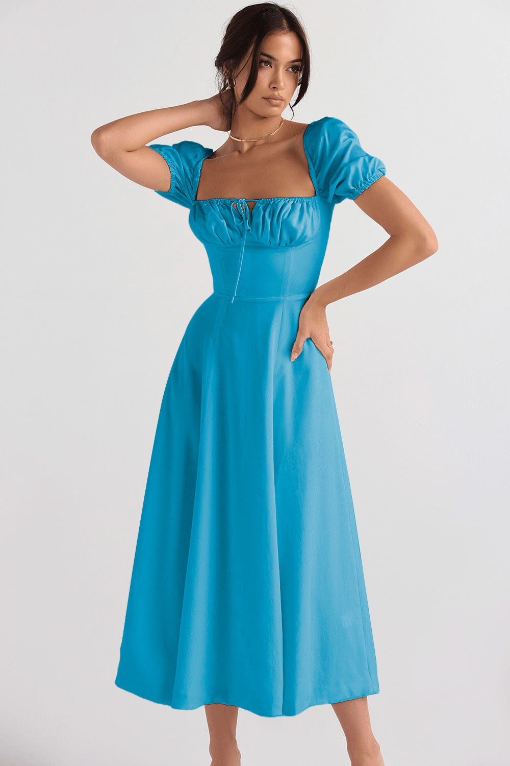 Damen Elegantes Midikleid Puffärmel Raffinierter Ausschnitt Norvielle