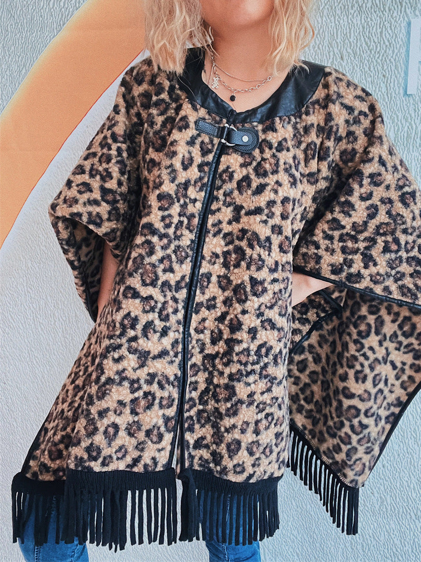 Damen Poncho mit Fransen Tierprint Norvielle