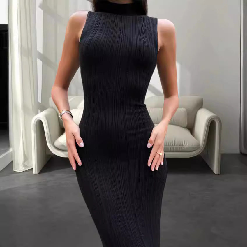 Damen Maxikleid Hohler Kragen Rippmuster Elegant Schwarz - Norvielle