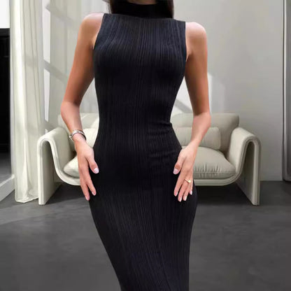 Damen Maxikleid Hohler Kragen Rippmuster Elegant Schwarz - Norvielle