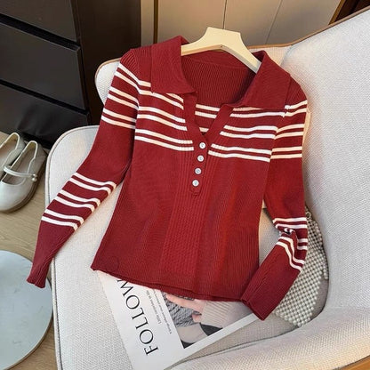 Damen Pullover Gestreift Knopfleiste Klassischer Kragen