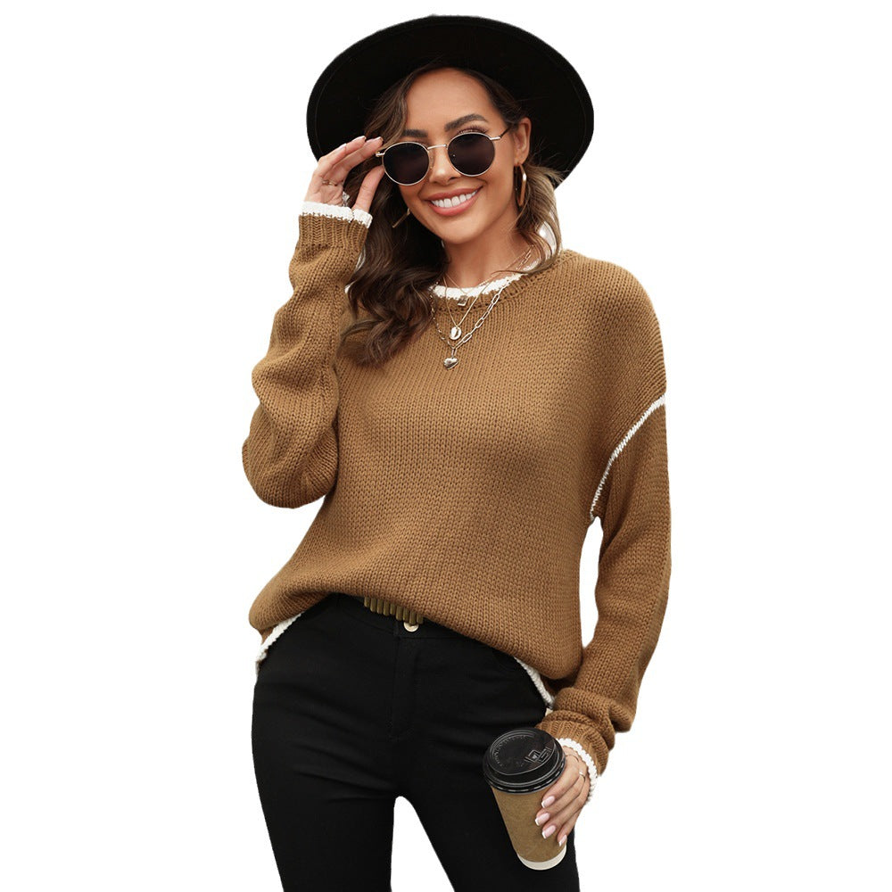 Damen Strickpullover Weich Kontrastkante Beige