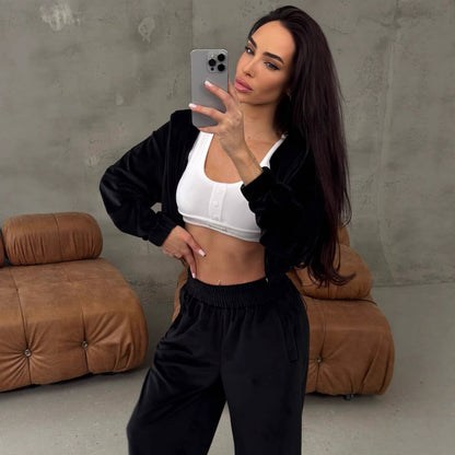 Damen Velours-Loungewear-Anzug Cropped Oberteil Weite Hose Norvielle