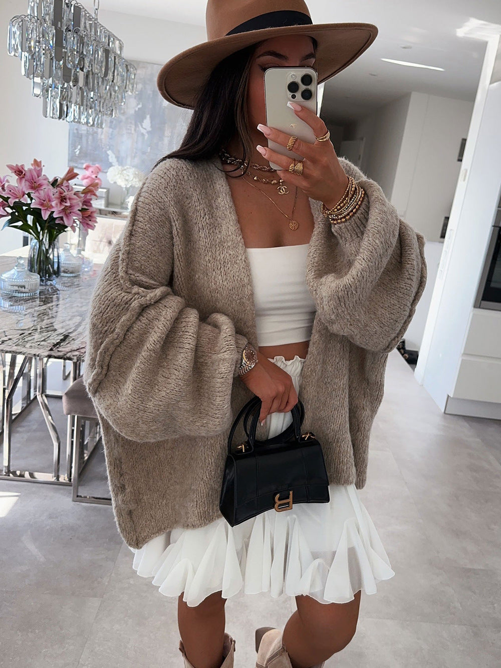 Damen Strickjacke Oversize Voluminöse Ärmel Norvielle