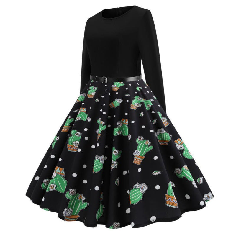 Damen Swingkleid Florales Kaktusdesign Ausgestellter Rock Norvielle