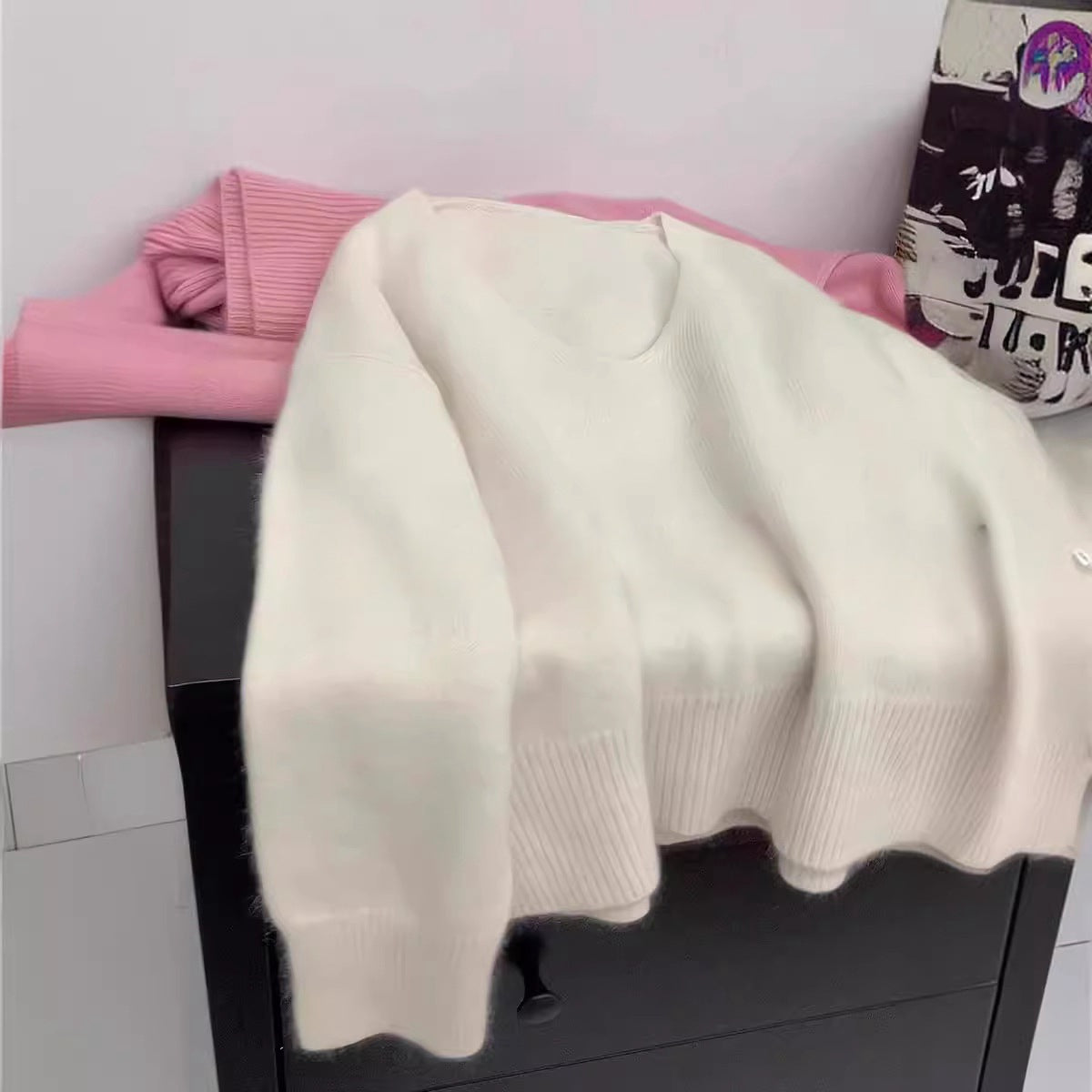 Damen Pullover V-Ausschnitt Rippstruktur Lässig Beige