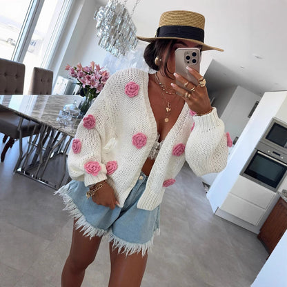 Damen Strickjacke Bunt Blumenapplikationen Norvielle
