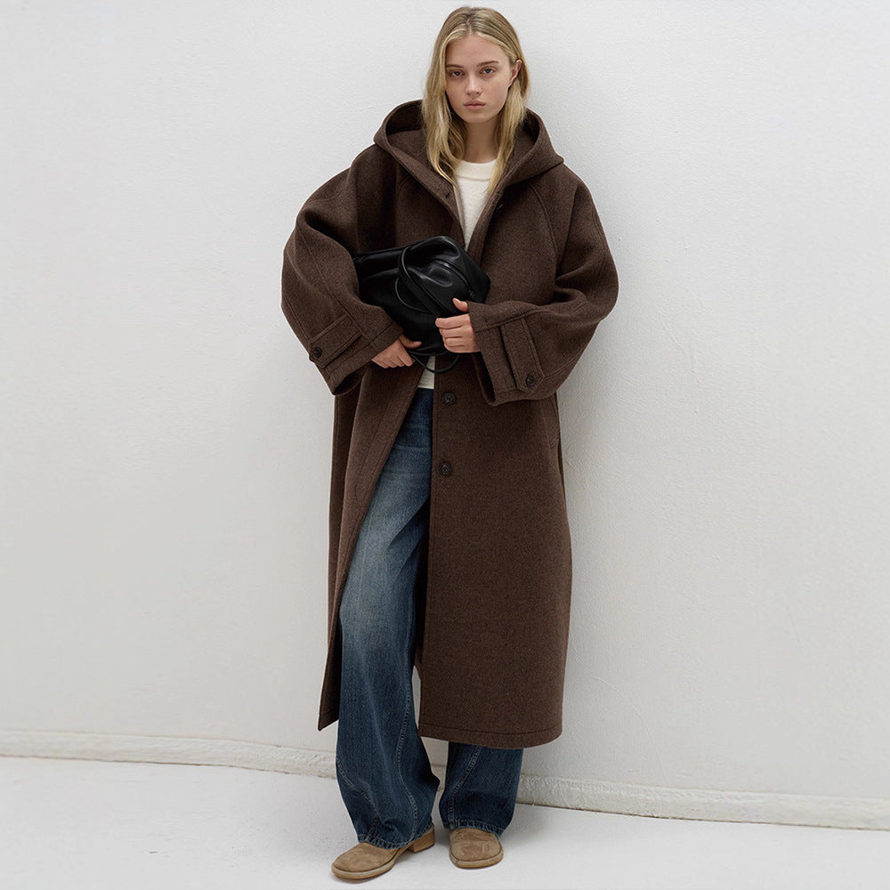 Damen Oversized Wollmantel mit Kapuze Braun - Norvielle