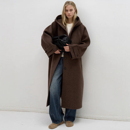 Damen Oversized Wollmantel mit Kapuze Braun - Norvielle