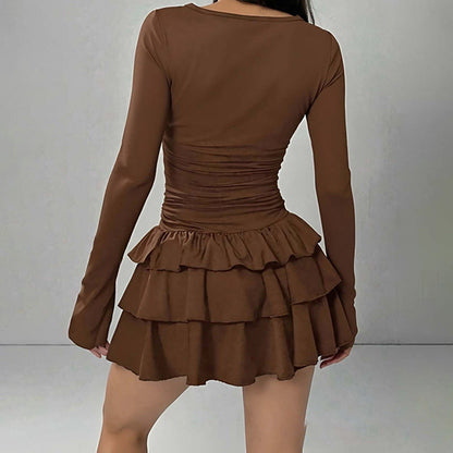 Damen Mini-Kleid Voluminöser Rüschensaum Langer Arm