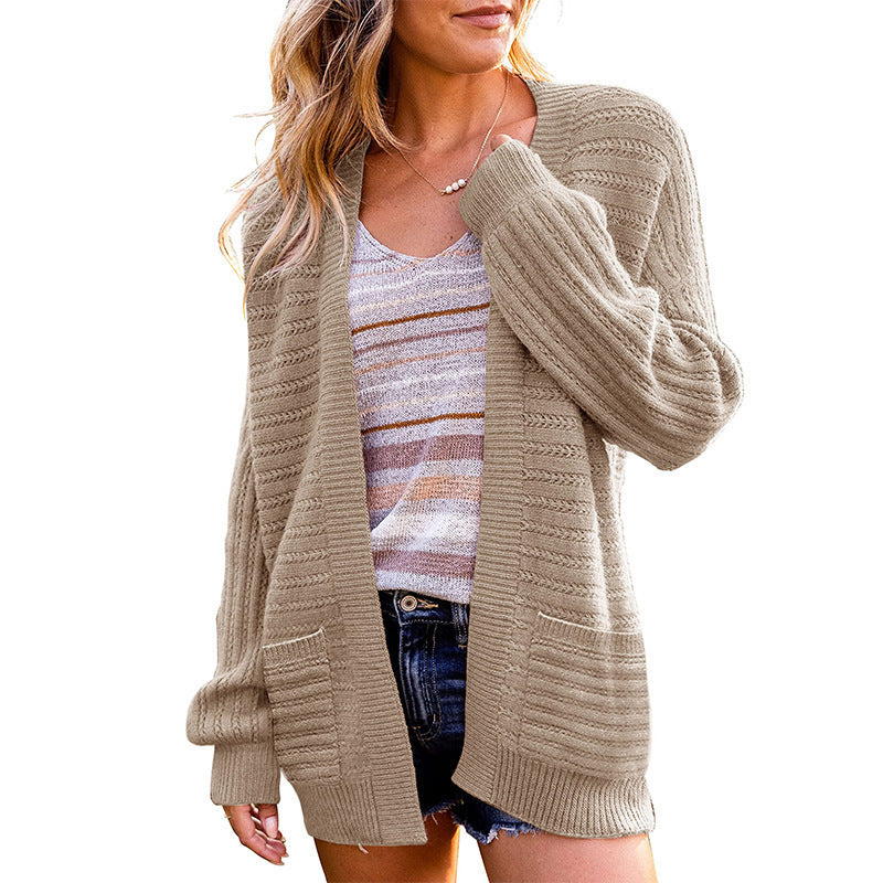 Damen Strickjacke Offen Vorne Strukturiert Beige