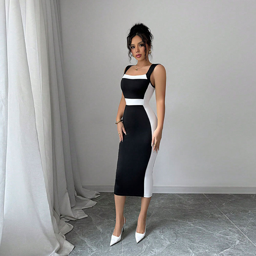 Damen Midi-Kleid Figurbetont Kontrastschnitt Schmale Träger Norvielle