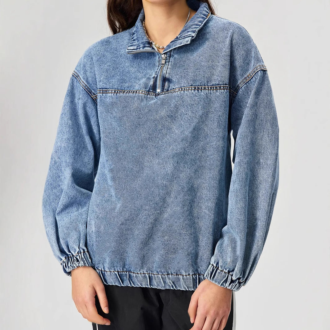 Damen Denim-Pullover Stehkragen Reißverschluss