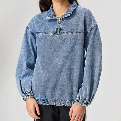 Damen Denim-Pullover Stehkragen Reißverschluss