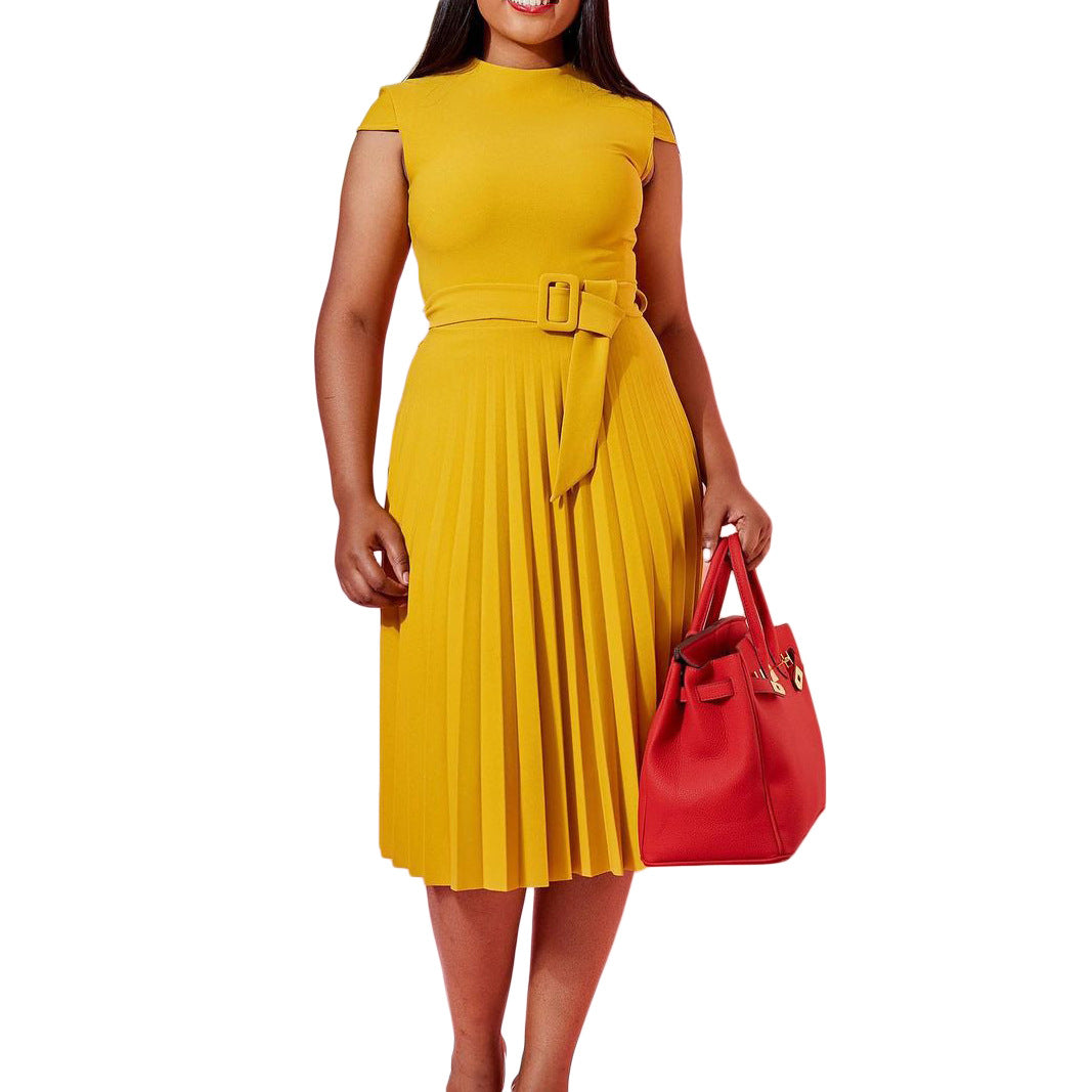 Damen Kleid Plissee mit Stehkragen und Taillengürtel