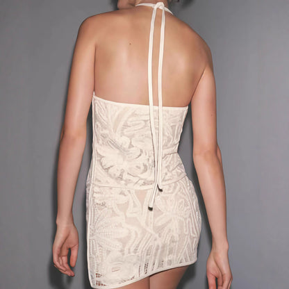 Damen Häkelkleid Kontrast-Blütenmuster Spaghettiträger Norvielle