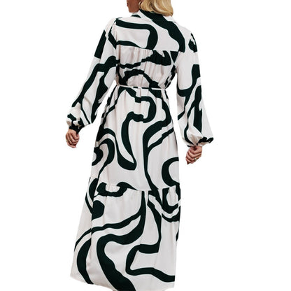 Damen Langarmkleid mit Muster und Bindegürtel