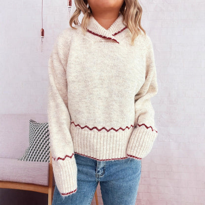 Damen Strickpullover Kuschelig Wellenrand Beige