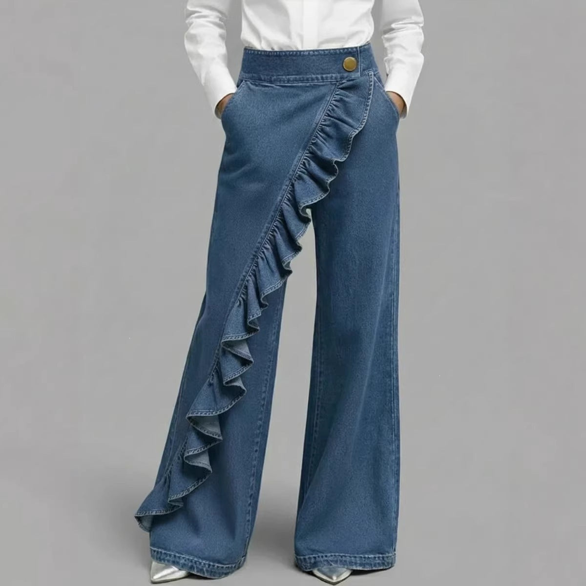 Damen Weite Jeanshose Rüschendetail Blau - Norvielle