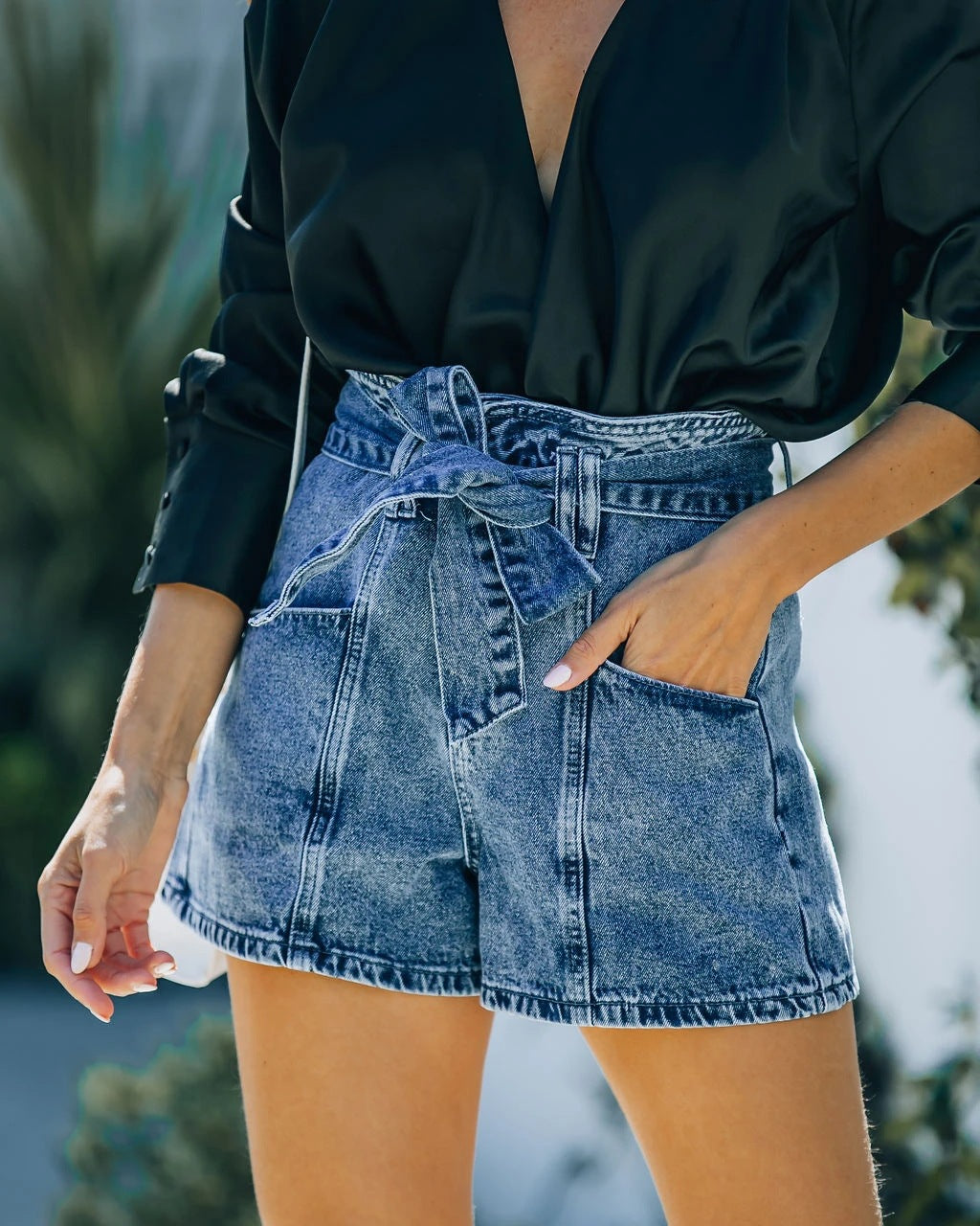 Damen Hochwaist Denim Shorts Abnehmbarer Gürtel