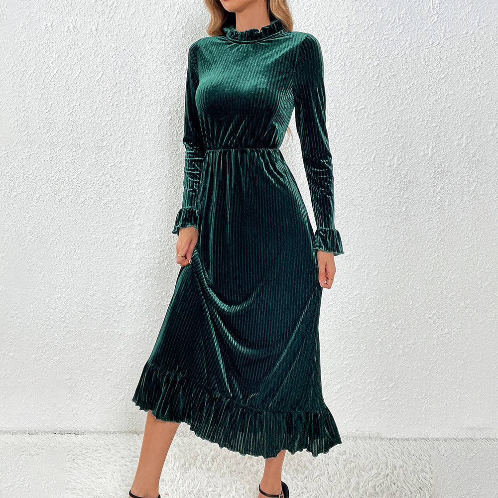 Damen Langarm-Wickelkleid Samt Rüschendetails