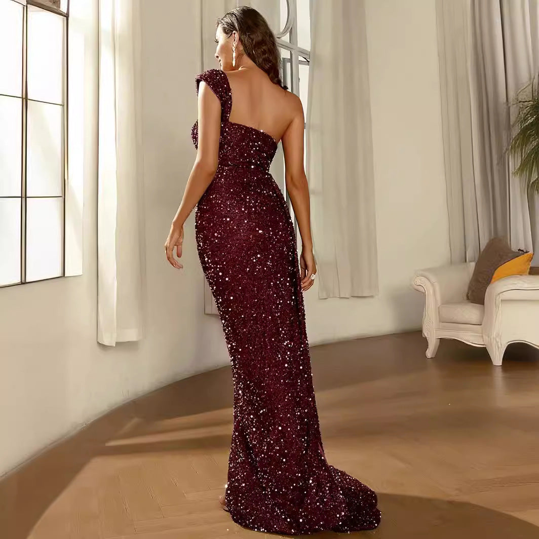 Damen Abendkleid Pailletten Langschlitz Schimmer Effekt Norvielle