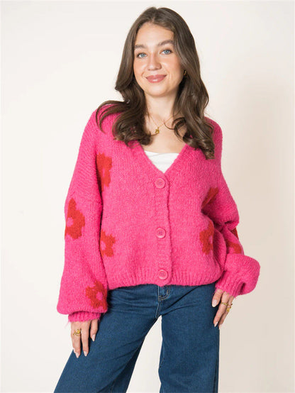 Damen Strickjacke Florales Muster Voluminöse Ärmel