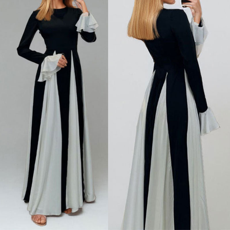Damen Maxikleid mit Trompetenärmeln Farbkontrast