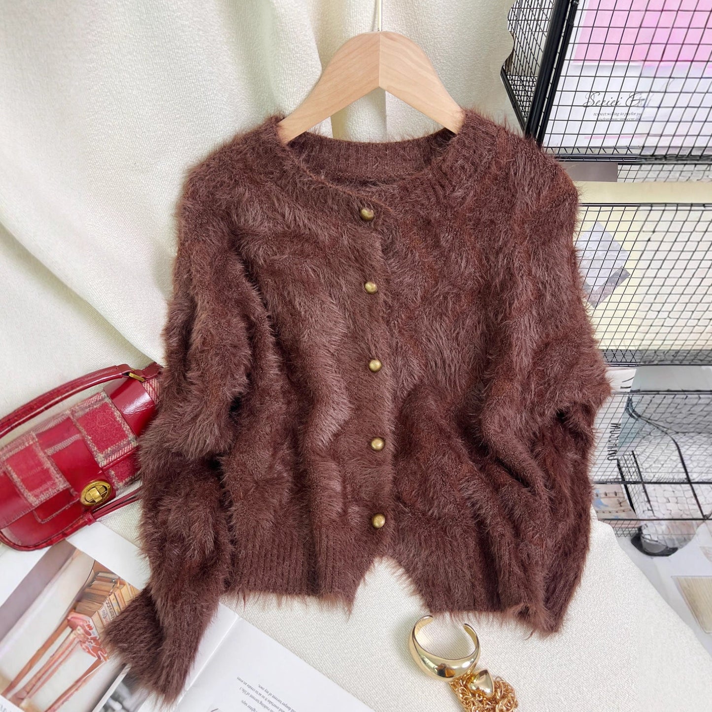 Damen Strickjacke Weich Viskose Mischung Beige
