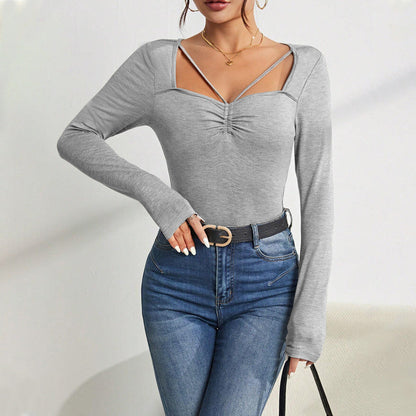 Damen Langarm-Bodysuit V-Ausschnitt Schulterdetails Norvielle
