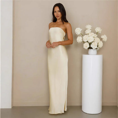 Damen Maxikleid Schulterfrei Satinoptik Norvielle