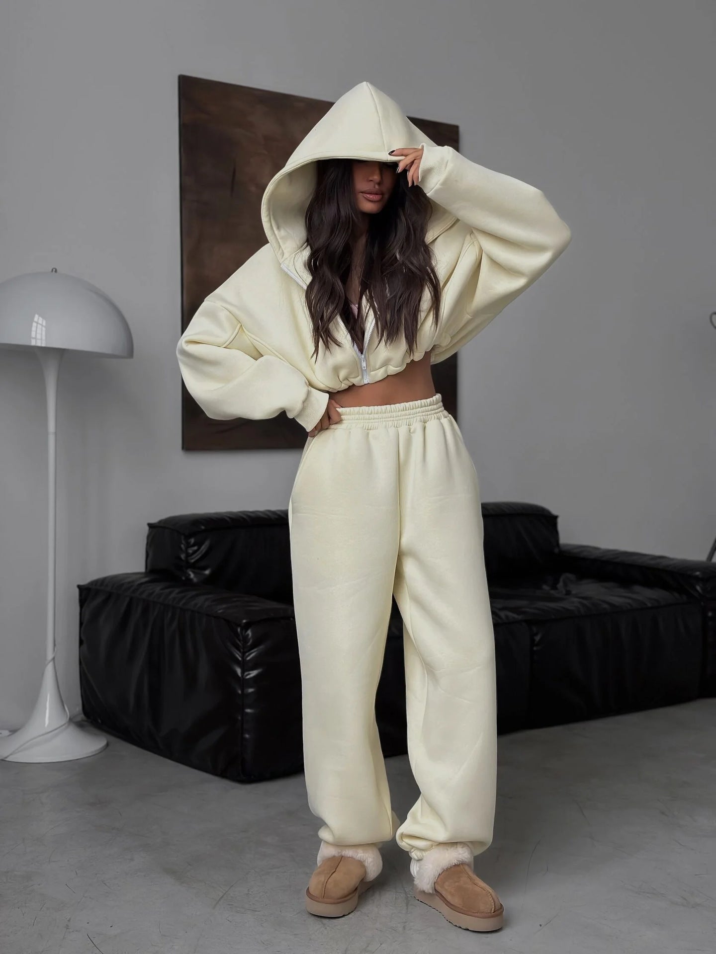 Damen Cropped Hoodie Jogginghose Set Weiches Fleece Norvielle