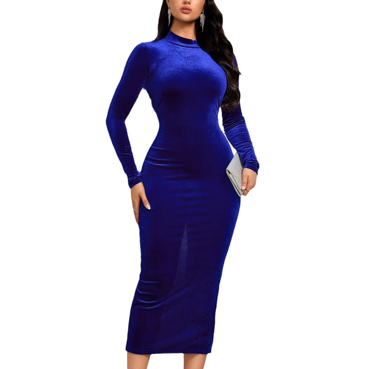 Damen Midikleid Samt Stehkragen Langer Ärmel