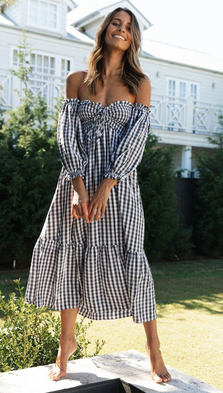 Damen Midi-Kleid Puffärmel Karomuster