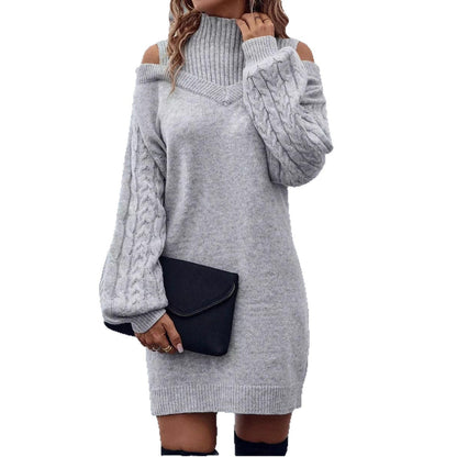 Damen Strickkleid Off-Shoulder Asymmetrisch V-Ausschnitt Norvielle