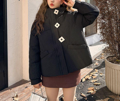 Damen Winterjacke Puffy Mit Kapuze Dekorative Knöpfe Norvielle