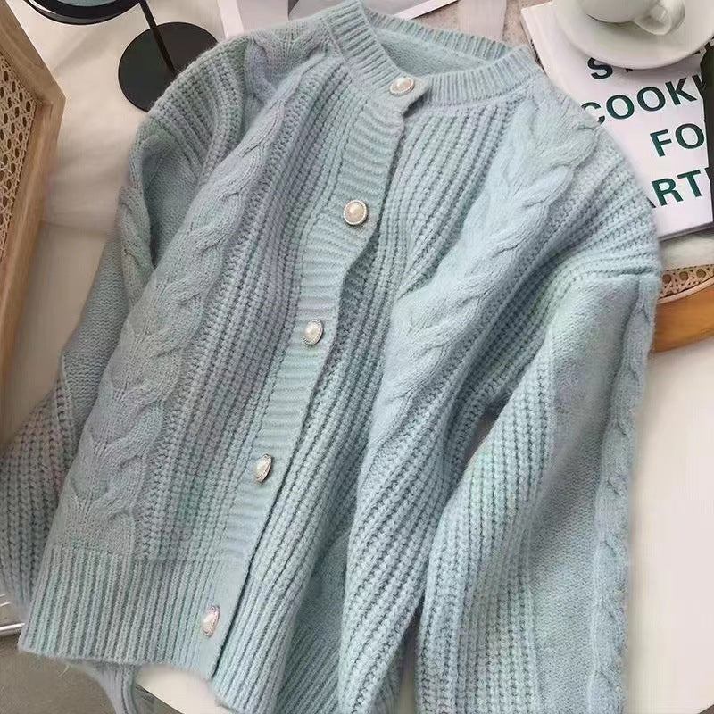Damen Strickcardigan Kuschelig Perlenknöpfe Beige Norvielle