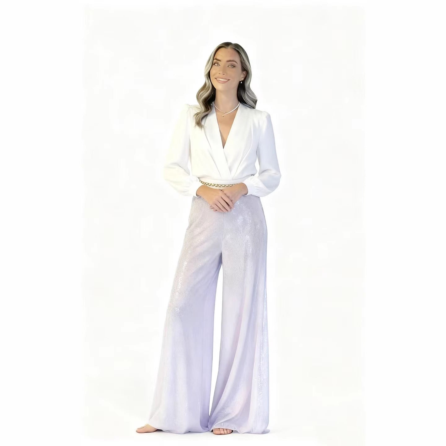 Damen Jumpsuit mit Pailletten und V-Ausschnitt