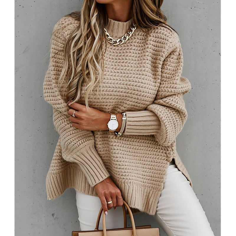 Damen Strickpullover Hochgeschlossener Kragen Strukturiert Beige