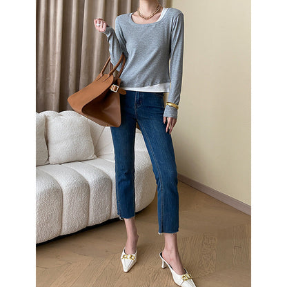 Damen Langarmshirt Chiffon-Details Feine Struktur Beige