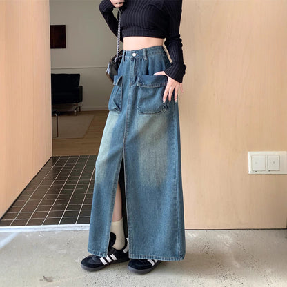 Damen Jeansrock Lang Mit Taschen