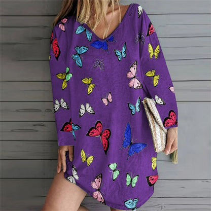 Damen Freizeitkleid Bunt Schmetterlingsmuster V-Ausschnitt