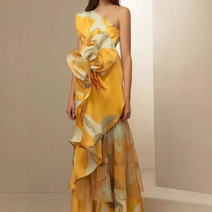 Damen Abendkleid Asymmetrisch Fließender Rock Rüschen