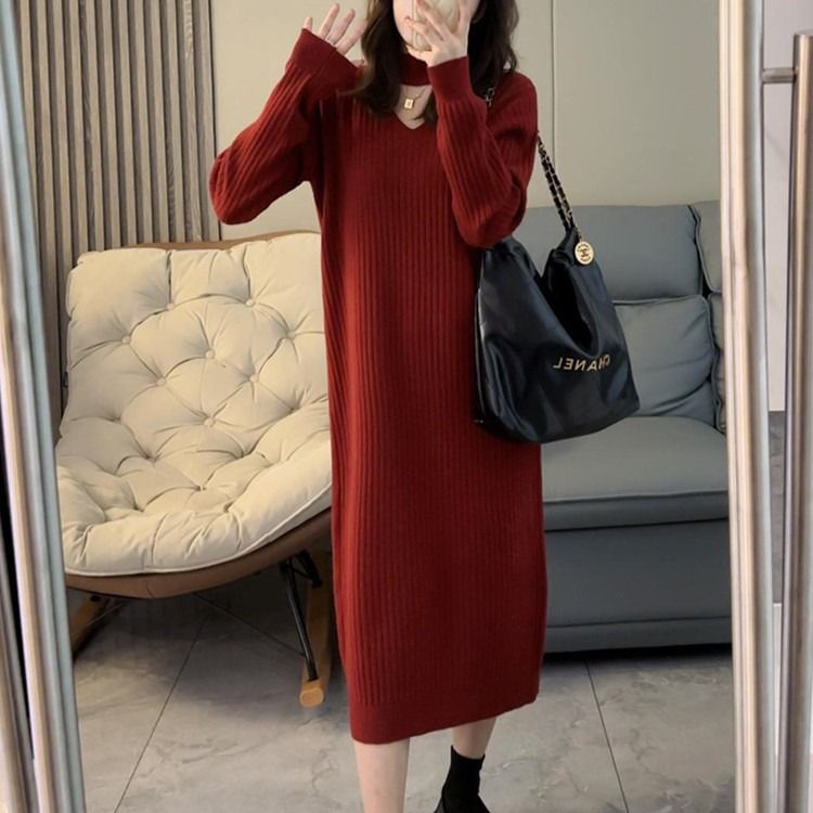 Damen Strickkleid V-Ausschnitt Rippdesign