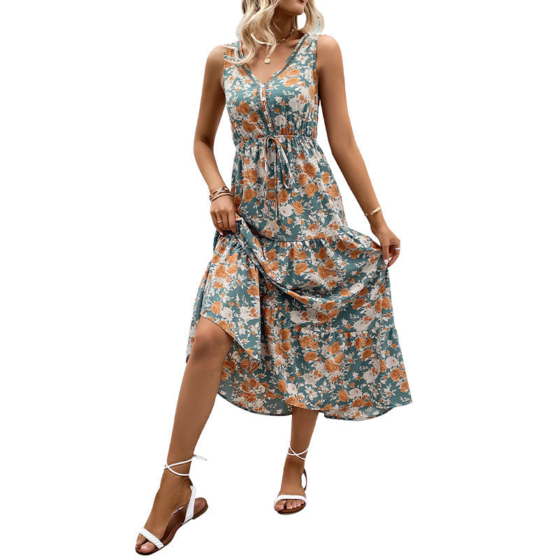 Damen Maxikleid Elastisch Floralmuster Rüschendetails