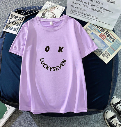 Damen T-Shirt Baumwolle Lässig Smiley-Print Weiß