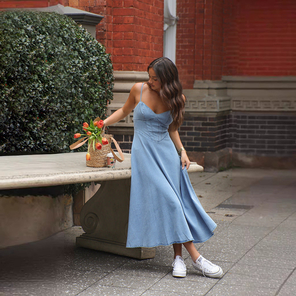 Damen Maxikleid Denim Spaghettiträger Elegant